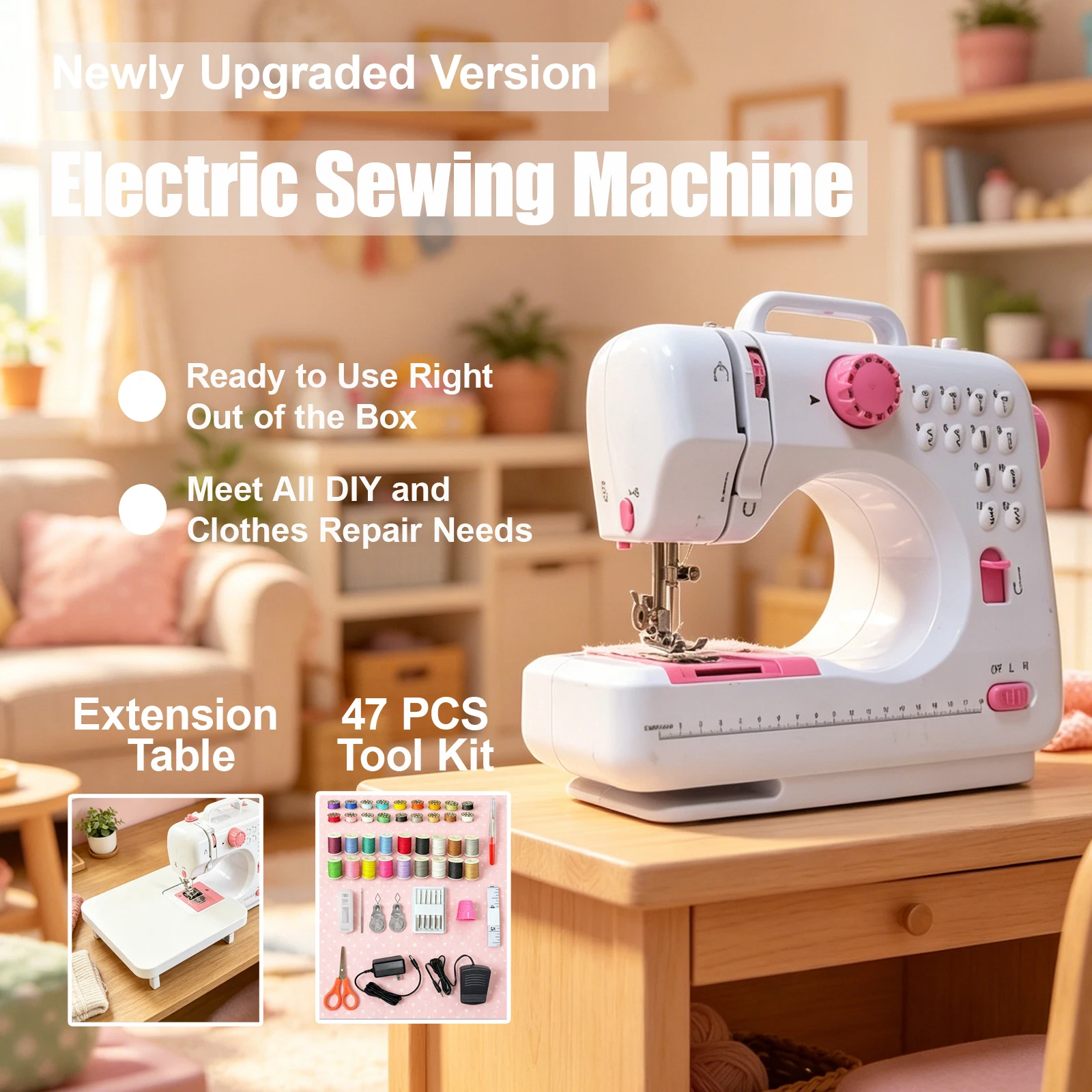 Portable Mini Electric Sewing Machine 47 PCS Tool Kit with  Extension Table, 12 Built-in Stitch Patterns, Foot Pedal Control & Built-in LED Light, - Image 3