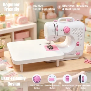 Portable Mini Electric Sewing Machine 47 PCS Tool Kit with  Extension Table, 12 Built-in Stitch Patterns, Foot Pedal Control & Built-in LED Light, - Thumbnail Image 2