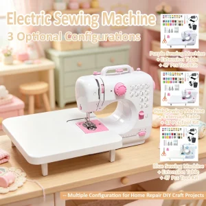 Portable Mini Electric Sewing Machine 47 PCS Tool Kit with  Extension Table, 12 Built-in Stitch Patterns, Foot Pedal Control & Built-in LED Light,