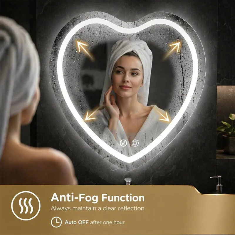 Heart-shaped LED Mirror Wall Mount, Anti-Fog Dimmable with Touch Control & Brightness Memory - Image 3