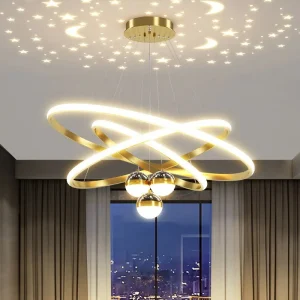 Modern Ring Chandelier with Moon Stars  Black/Gold Circle LED