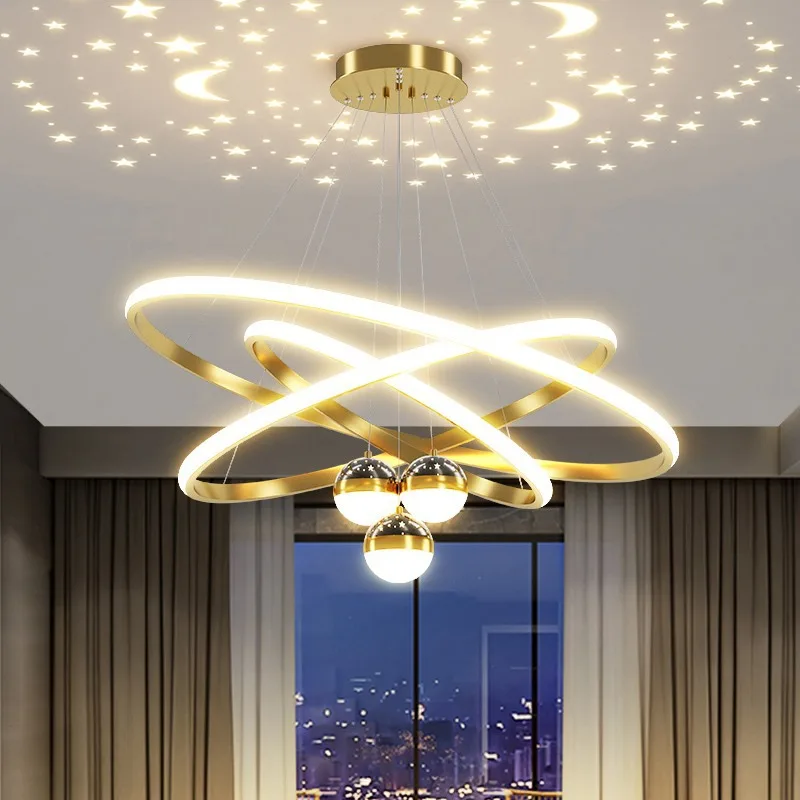 Modern Ring Chandelier with Moon Stars  Black/Gold Circle LED - Image 1