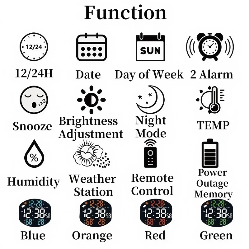 Weather Station Large Digital Wall Clock TEMP Alarm - Image 6