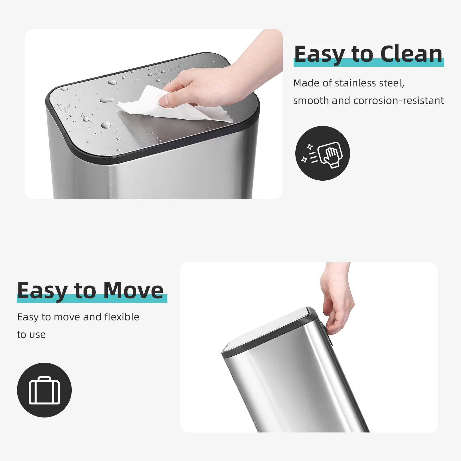 20/50L Stainless Steel Kitchen Trash Can Soft-Close Lid - Removable Inner Bucket  Hands-Free Step - Image 5