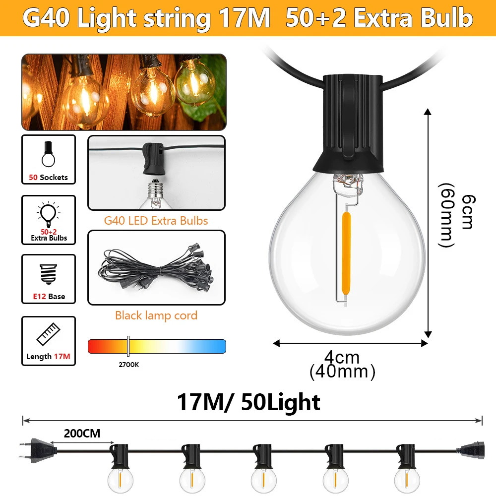 Outdoor LED Waterproof  String Light EU Plug Shatterproof Bulb - Image 1