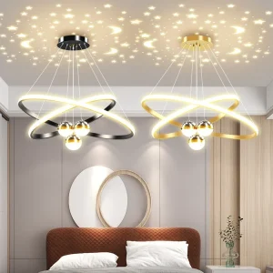 Modern Ring Chandelier with Moon Stars  Black/Gold Circle LED - Thumbnail Image 2