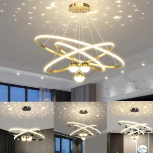 Modern Ring Chandelier with Moon Stars  Black/Gold Circle LED - Thumbnail Image 3