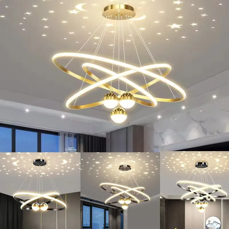 Modern Ring Chandelier with Moon Stars  Black/Gold Circle LED - Image 3