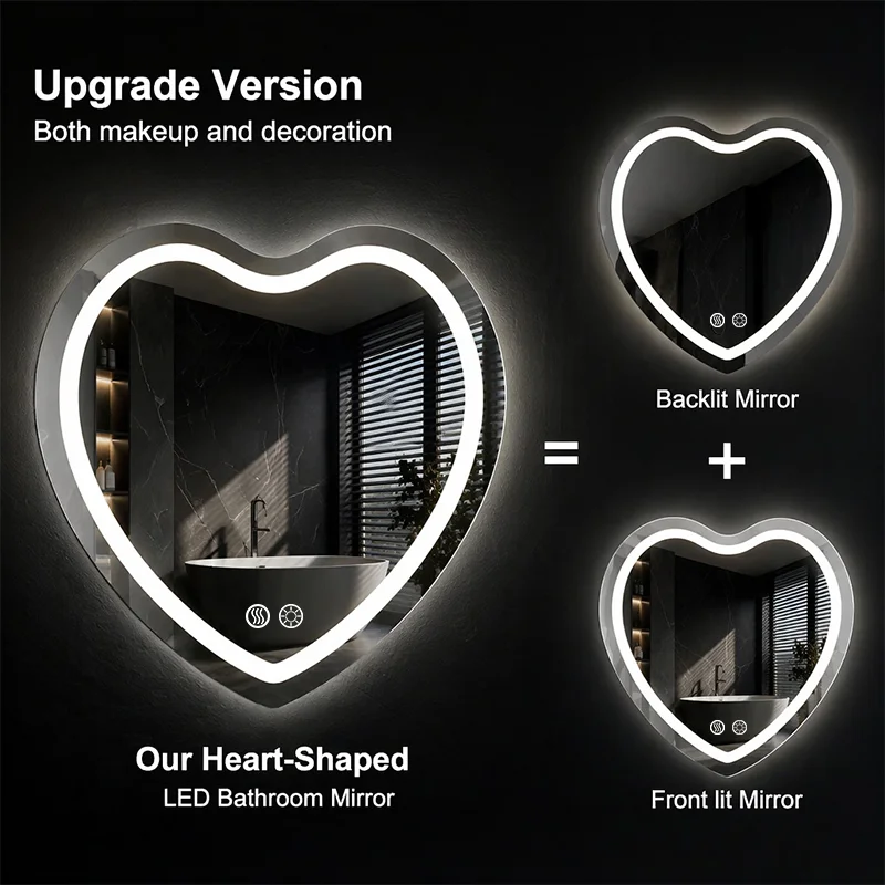 Heart-shaped LED Mirror Wall Mount, Anti-Fog Dimmable with Touch Control & Brightness Memory - Image 4