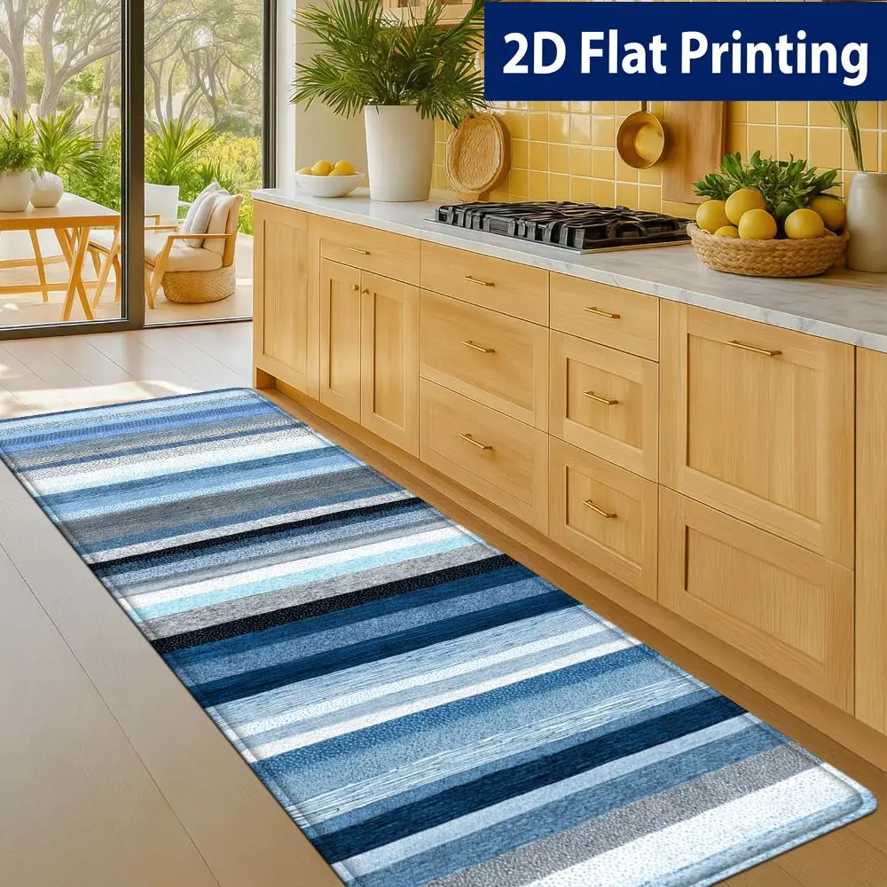 Multi Shade Blue Grey White Stripe Runner Rug - Image 1