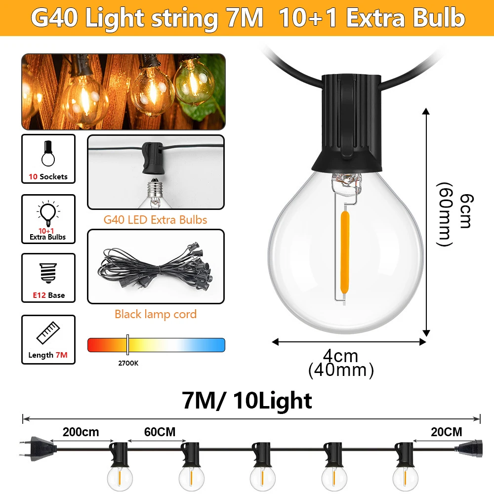 Outdoor LED Waterproof  String Light EU Plug Shatterproof Bulb - Image 8