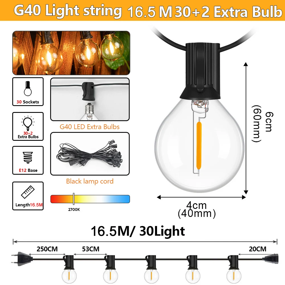 Outdoor LED Waterproof  String Light EU Plug Shatterproof Bulb - Image 10