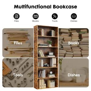 6 Tier Wooden Shelf Bookcase 63 Inch Tall Standing - Thumbnail Image 4