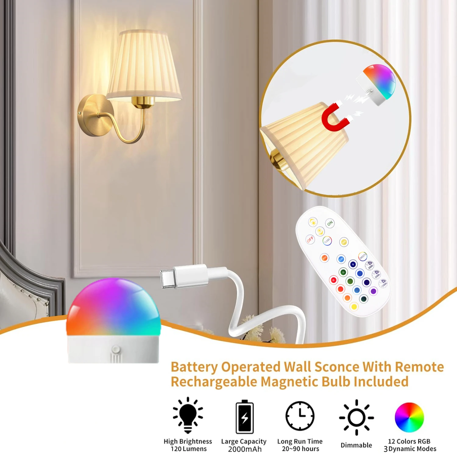 Battery-Powered Wall Light, Wireless Charging Remote Control, Dimmable, - Image 3