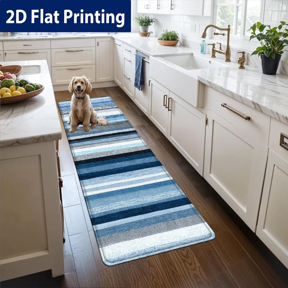 Multi Shade Blue Grey White Horizontal Stripe Runner Rug, Non-Slip Rug for Kitchen, Entryway, Bathroom & Living Room Decor - Image 6
