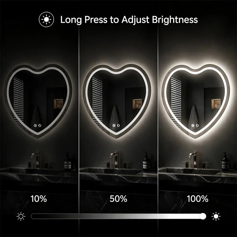 Heart-shaped LED Mirror Wall Mount, Anti-Fog Dimmable with Touch Control & Brightness Memory - Image 5