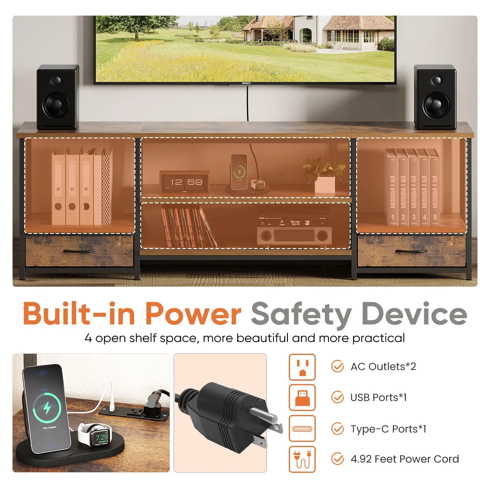 63IN Wooden Tv Stand For Up To 75 Inch TV Entertainment Center - Image 6