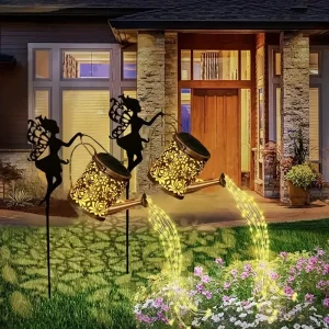 Solar Fairy Watering Can Lights Metal Garden Decor Outdoor - Thumbnail Image 2