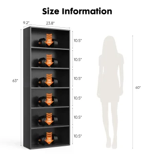 6 Tier Wooden Shelf Bookcase 63 Inch Tall Standing - Thumbnail Image 6