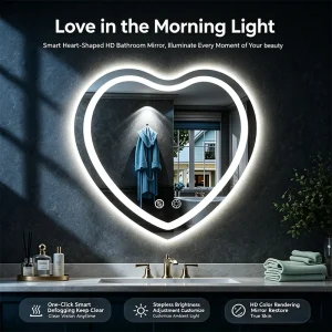 Heart-shaped LED Mirror Wall Mount, Anti-Fog Dimmable with Touch Control & Brightness Memory