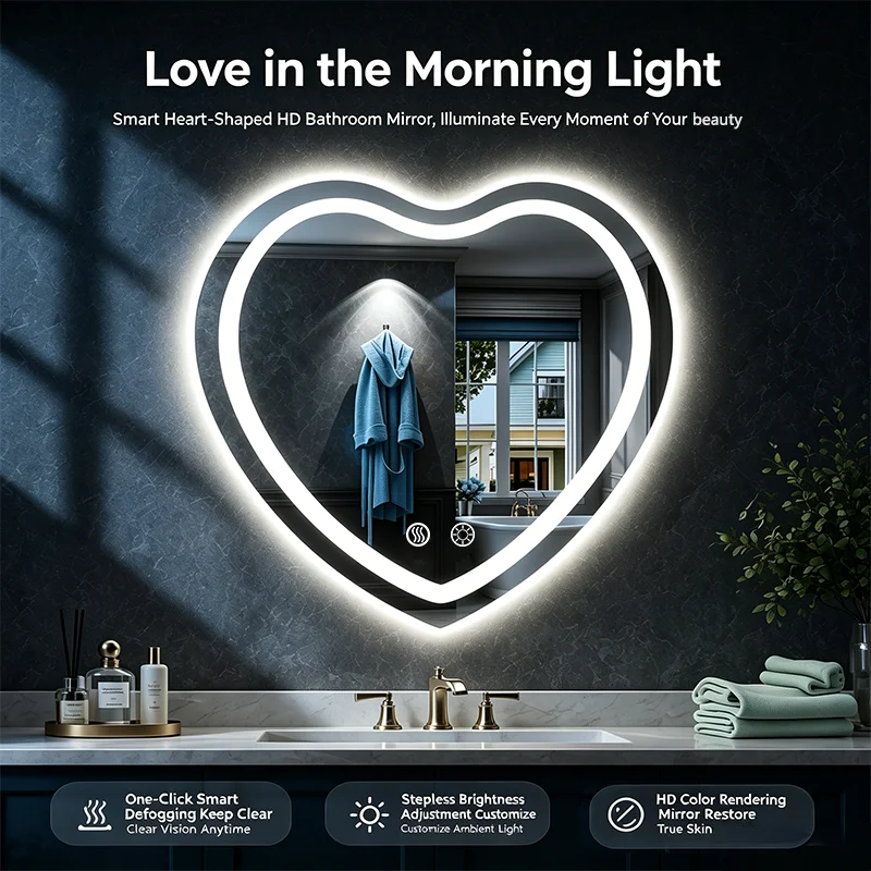 Heart-shaped LED Mirror Wall Mount, Anti-Fog Dimmable with Touch Control & Brightness Memory - Image 1