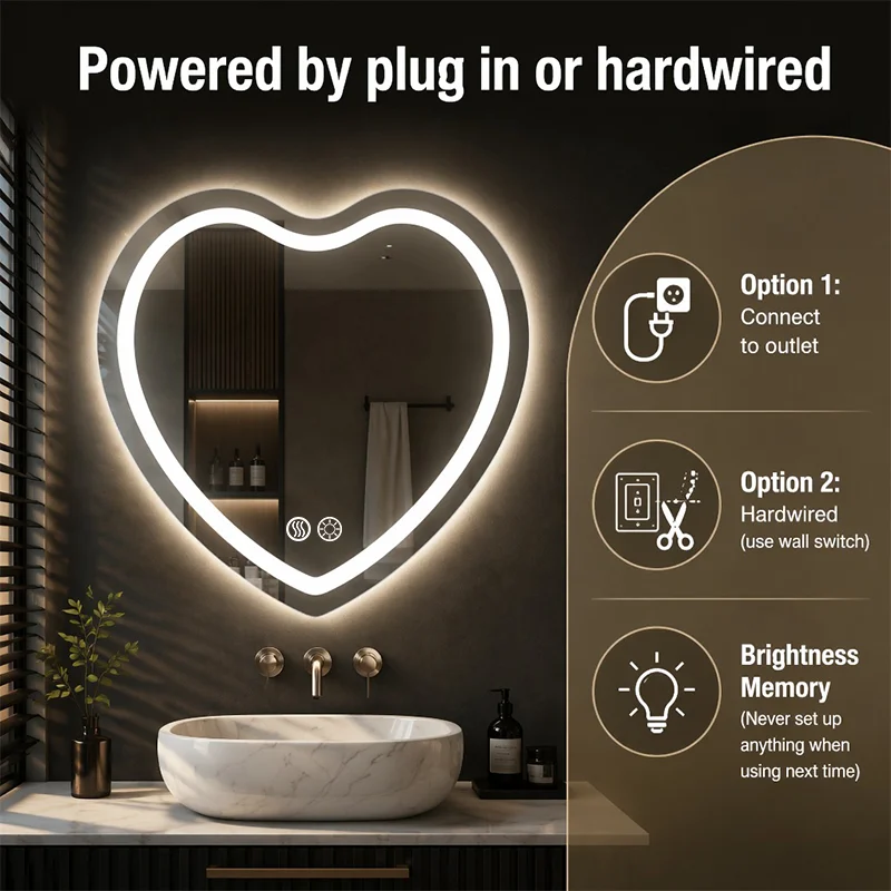 Heart-shaped LED Mirror Wall Mount, Anti-Fog Dimmable with Touch Control & Brightness Memory - Image 2