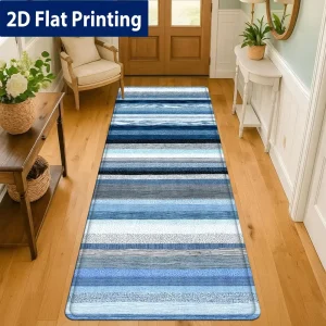 Multi Shade Blue Grey White Horizontal Stripe Runner Rug, Non-Slip Rug for Kitchen, Entryway, Bathroom & Living Room Decor - Thumbnail Image 3