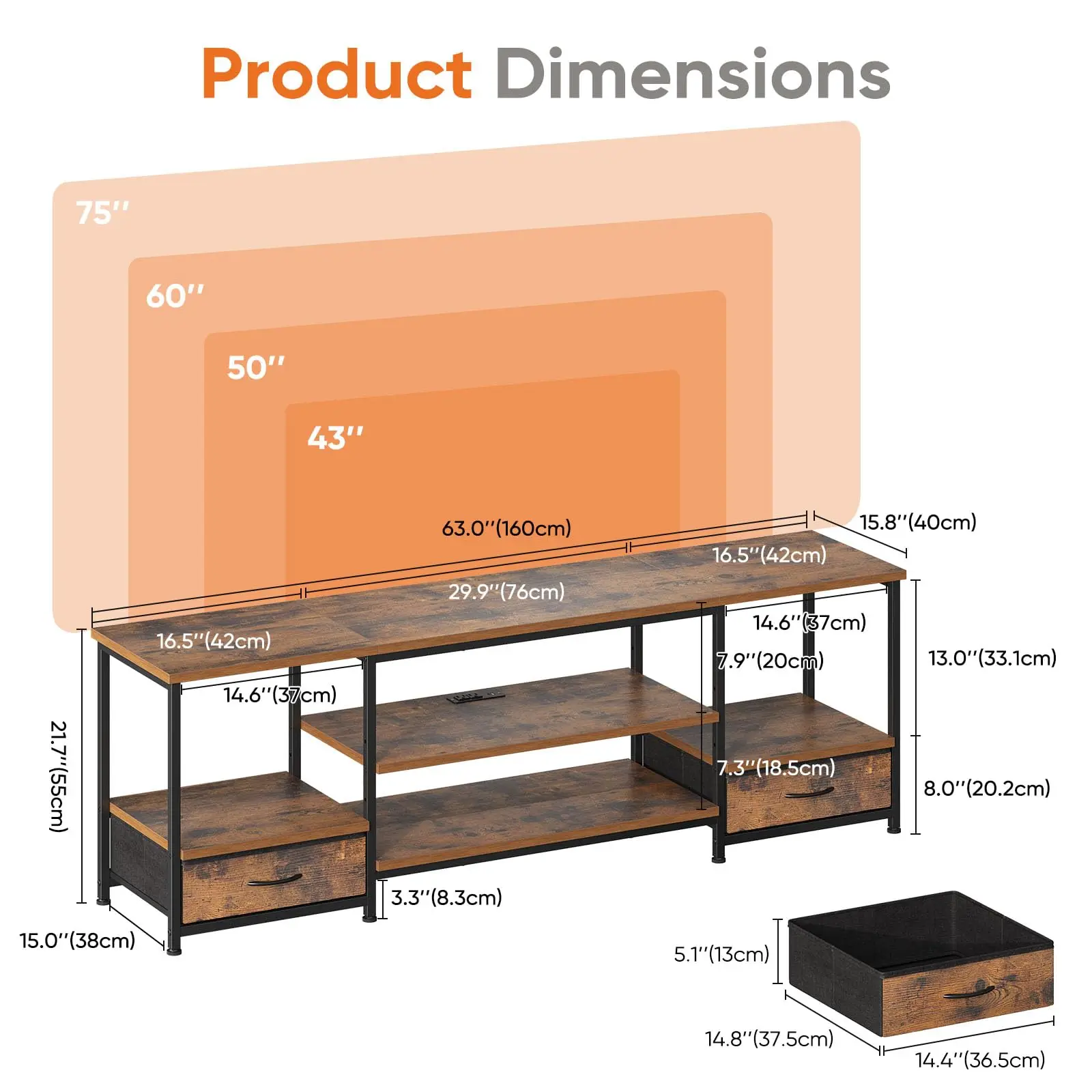 63IN Wooden Tv Stand For Up To 75 Inch TV Entertainment Center - Image 3